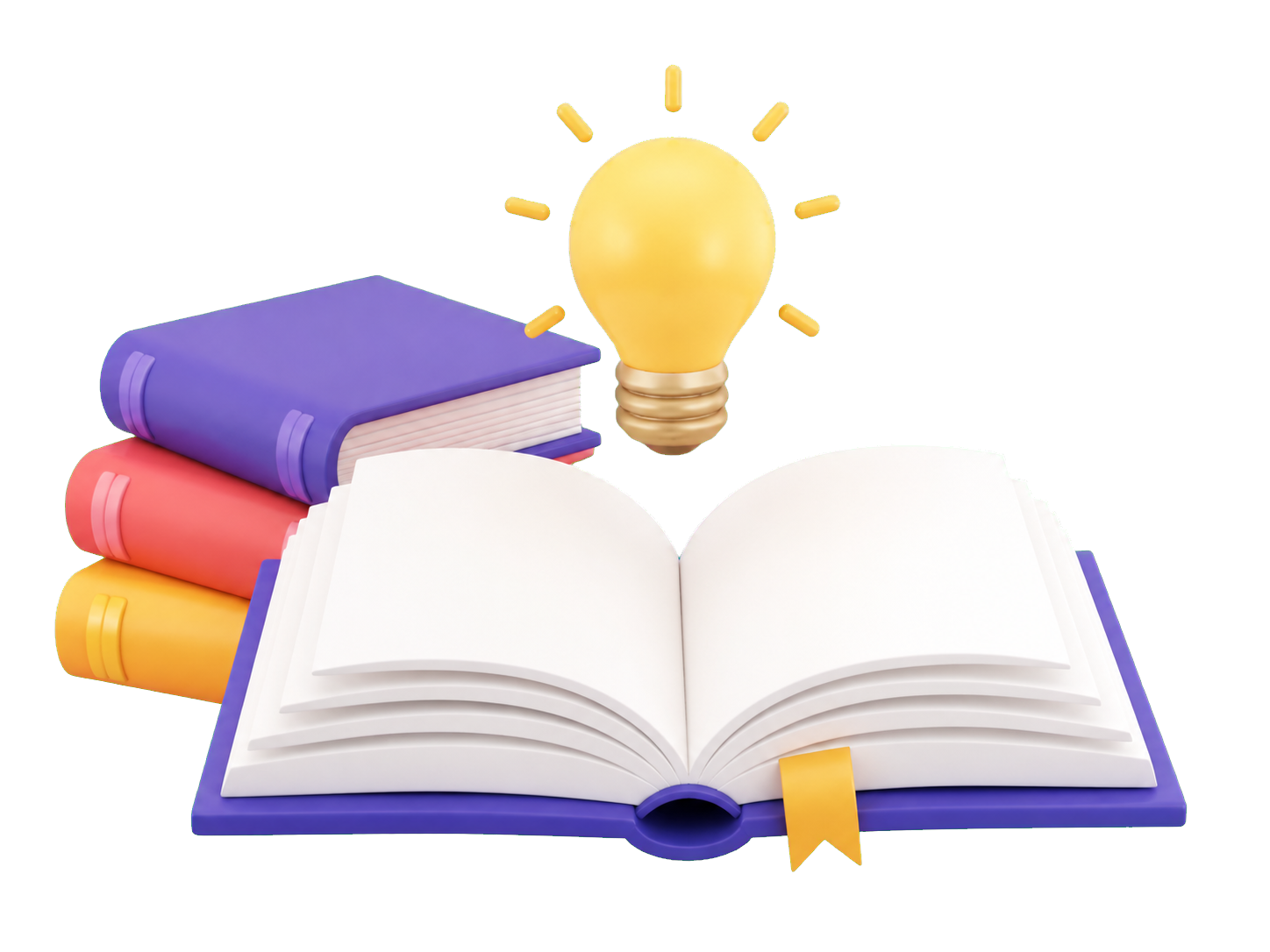 An open book, a stack of books and a glowing idea
